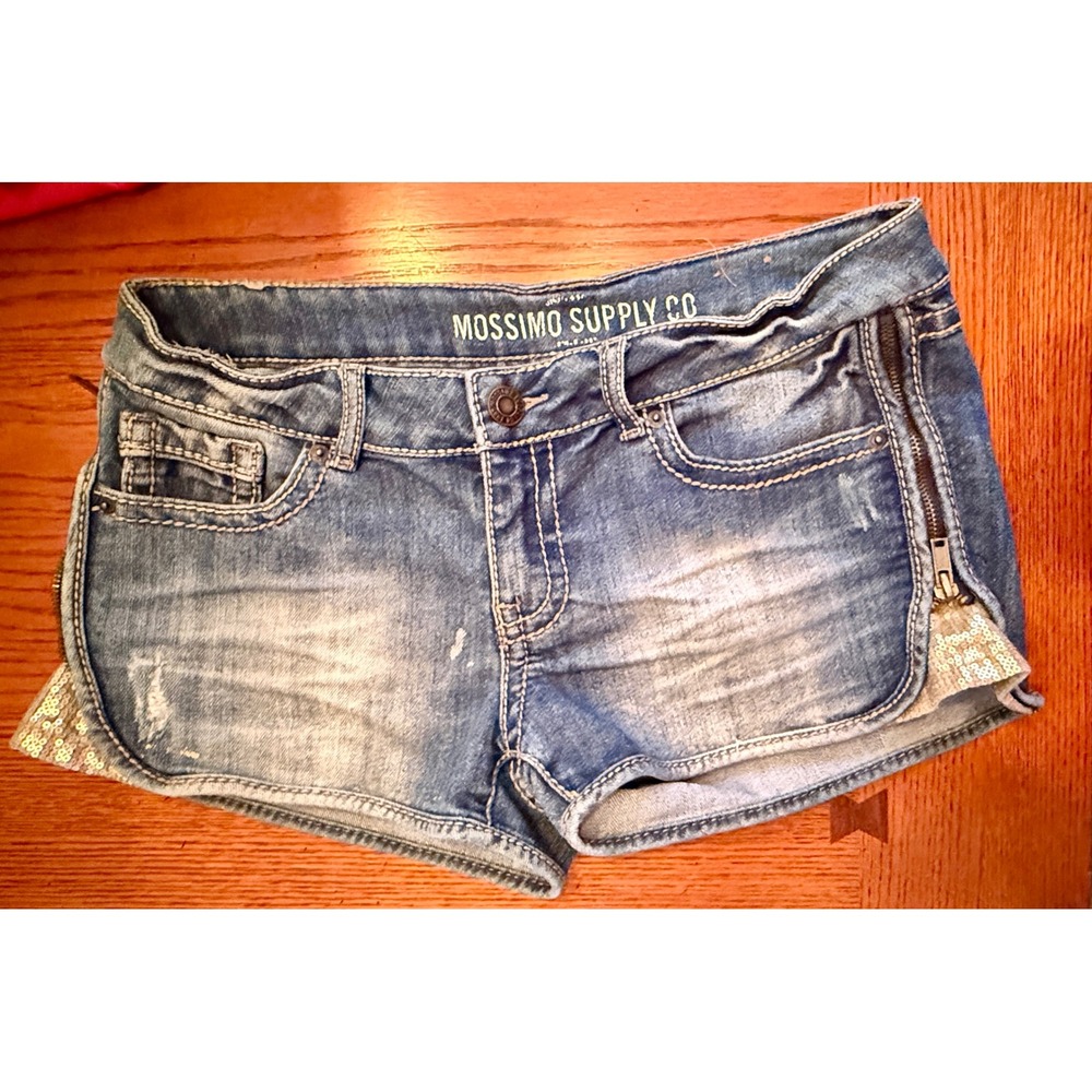 Mossimo Denim Shorts 11 Blue Excellent Sequin Side Zip Distressed Fit 6 Glam